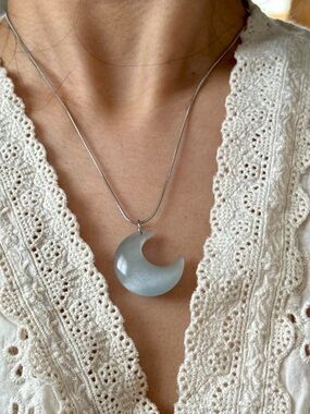 Crystal Blue Crescent Moon Pendant Necklace